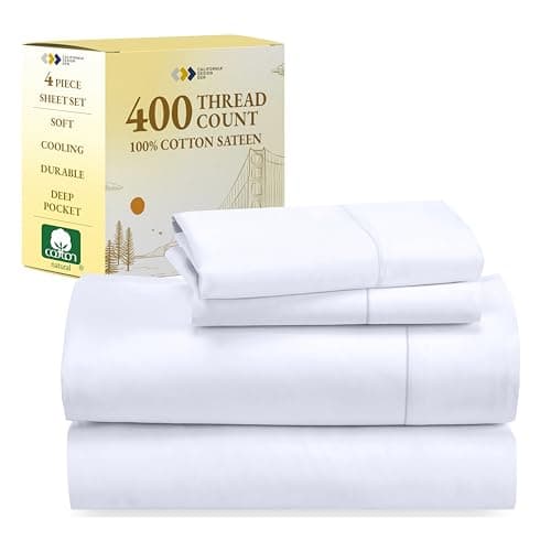 California Design Den King Size Sheets Set - Soft 400 Thread Count Sateen, Natural 100% Cotton Sheets King Size, Deep Pockets with All Around Elastic for a Snug Fit, Cool & Durable Bedding - White