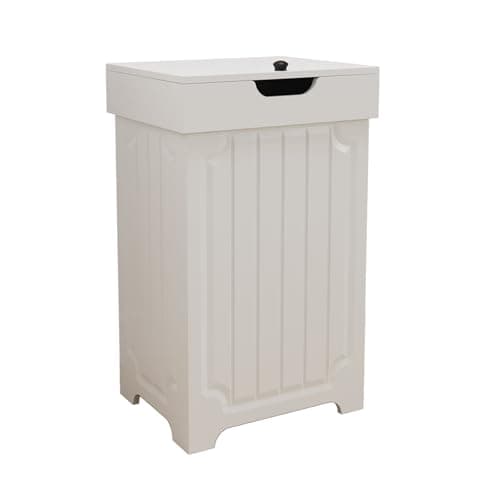 Povrgive Wood Trash Can Cabinet 13 Gallon,Freestanding Dog Proof Trash Garbage Can Farmhouse,Hidden Laundry Cabinet with Lid for Kitchen Bathroom Bedroom (White)
