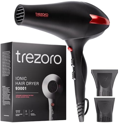 TREZORO Professional Ionic Hair Dryer for Salon - 2200W Powerful Blow Dryer - Lightweight Travel for Normal & Curly Hair Includes Volume Styling Nozzle