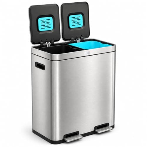 Home Zone Living 16 Gallon Kitchen Trash Can with Dual Compartments for Recycling, CleanAura Odor Control, Stainless Steel, Silver, 60 Liters Total