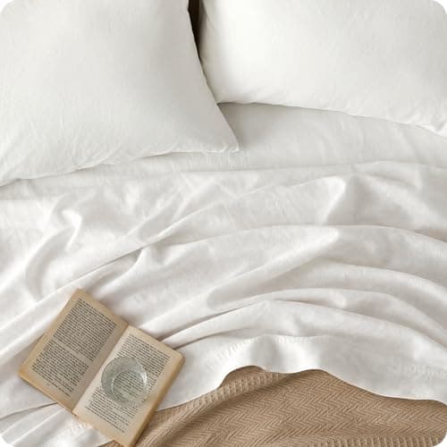 Bedsure Queen Bed Sheets - Cotton Linen Sheet Set, PureWoven Soft, Breathable & Anti - Pilling, Deep Pocket Queen Fitted Bedsheets Up to 16 Inches, 4 Pieces, Pure White