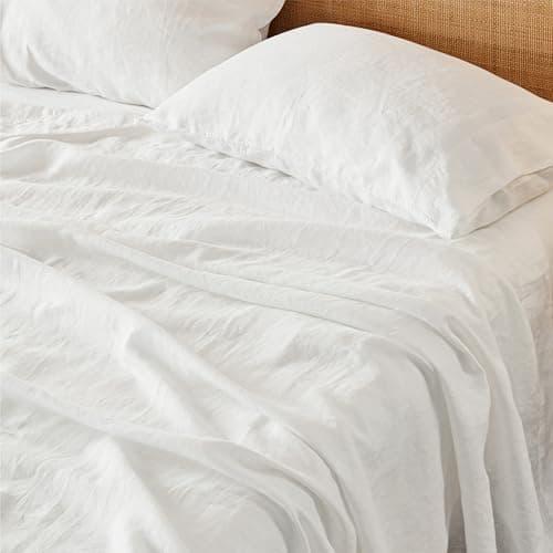 Bedsure Linen Sheets - Queen Size Bed, Blend from Linen Cotton Bedsheets, Breathable Cotton Bedsheets, Gifts for All Seasons, 4 Pieces, Pure White