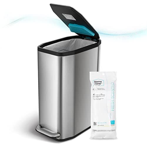Home Zone Living 13 Gallon Slim Kitchen Trash Can with CleanAura Odor Control, Stainless Steel, Silver, 50 Liters