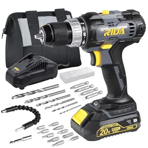RIDA Cordless Drill Power Drill Cordless 20V 1/2'' Keyless Metal Chuck 355 In-lb(40N.m) Torque with 2.0AH Li-ion Battery & Fast Charger, Variable Speed, 25+1 Position and 22pcs Bits