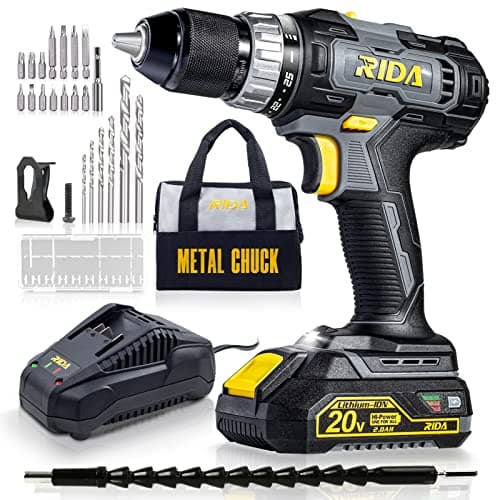 RIDA Cordless Drill Power Drill Cordless 20V 1/2'' Keyless Metal Chuck 355 In-lb(40N.m) Torque with 2.0AH Li-ion Battery & Fast Charger, Variable Speed, 25+1 Position and 22pcs Bits