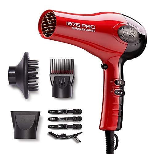 KISS 1875 Watt Pro Tourmaline Ceramic Hair Dryer, Styling Edition, 3 Heat Settings, 2 Speed Settings, Cool Shot Button, 7 Blow Dryer Accessories Included, 2-Year Warranty - Red