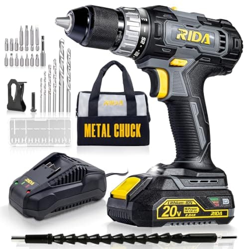 RIDA Cordless Drill Power Drill Cordless 20V 1/2'' Keyless Metal Chuck 355 In-lb(40N.m) Torque with 2.0AH Battery & Fast Charger, Variable Speed, 25+1 Position and 22pcs Bits