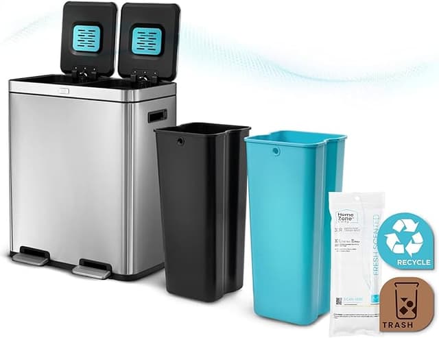 Home Zone Living 16 Gallon Kitchen Trash Can with Dual Compartments for Recycling, CleanAura Odor Control, Stainless Steel, Silver, 60 Liters Total