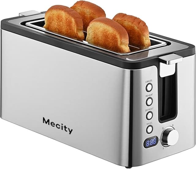 Mecity 4 Slice Toaster, Long Slot Toaster With Countdown Timer, Bagel/Defrost/Reheat/Cancel Functions, Warming Rack, Removable Tray, 6 Browning Settings, Extra Wide Slots, Stainless Steel, 1300W