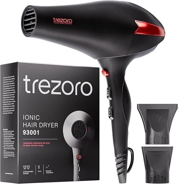 TREZORO Professional Ionic Hair Dryer for Salon - 2200W Powerful Blow Dryer - Lightweight Travel for Normal & Curly Hair Includes Volume Styling Nozzle