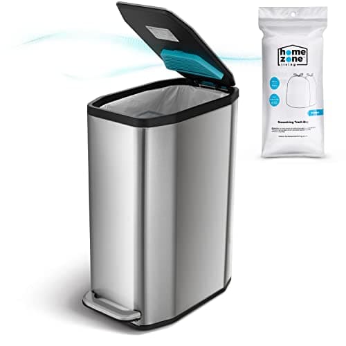 Home Zone Living 13 Gallon Slim Kitchen Trash Can with CleanAura Odor Control, Stainless Steel, Silver, 50 Liters