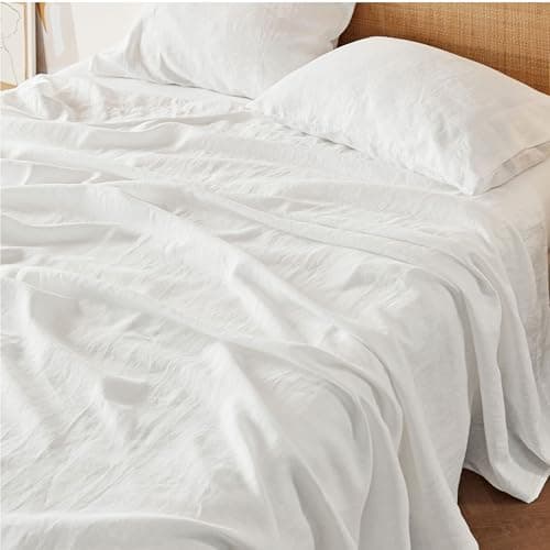 Bedsure Queen Bed Sheets - Cotton Linen Sheet Set, PureWoven Soft, Breathable & Anti - Pilling, Deep Pocket Queen Fitted Bedsheets Up to 16 Inches, 4 Pieces, Pure White