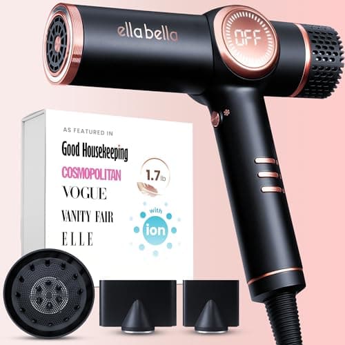 ELLA BELLA® Professional Ionic Hair Dryer with Diffuser • Negative Ion Blow Dryer • Suitable All Hair Types • Intelligent Heat Control & Rapid Drying Speeds • Lightweight Design • Low Noise Technology